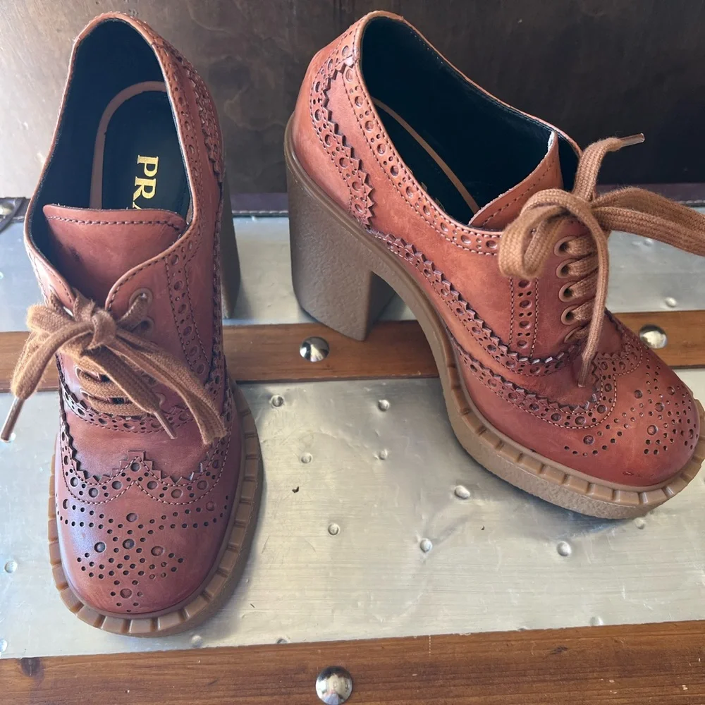 Prada Brown Leather Brogue Platform Heels